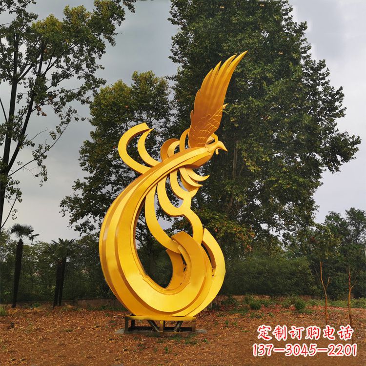 合肥不锈钢漆金凤凰雕塑-黄金色园林动物景观雕塑