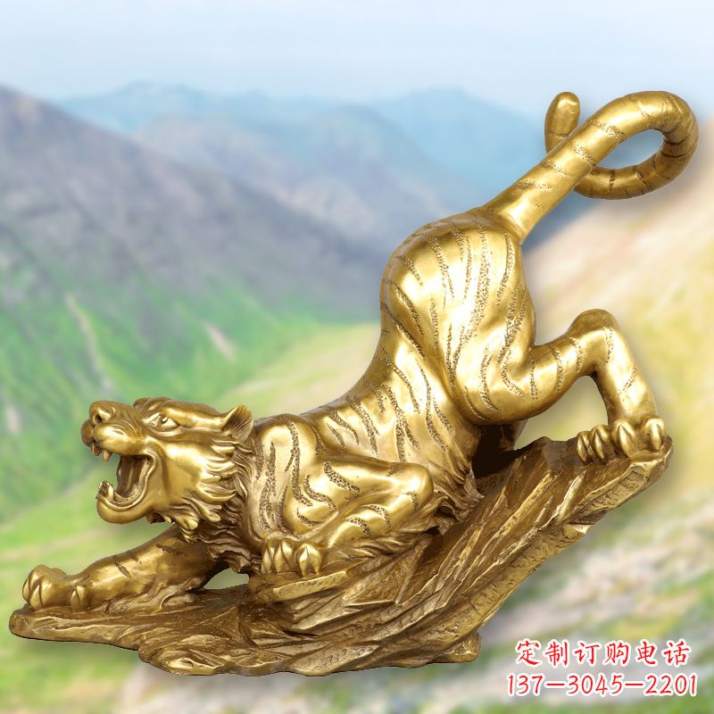 合肥纯铜鎏金老虎下山雕塑,生肖虎动物雕塑摆件