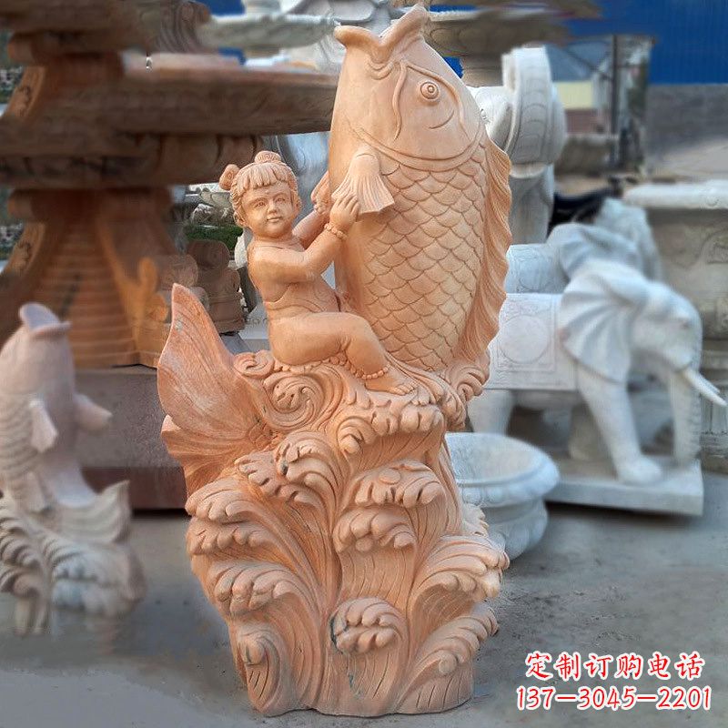 合肥大型喷水鲤鱼景观雕塑-晚霞红石雕动物喷泉