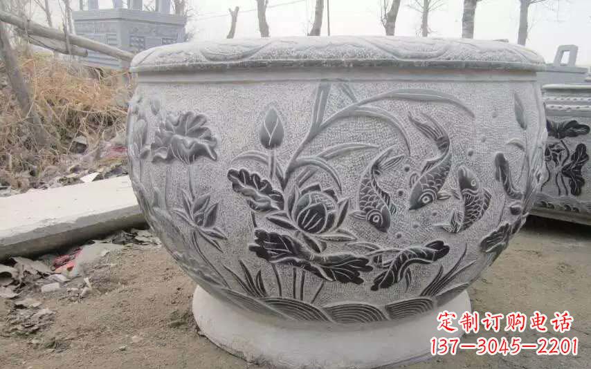 合肥仿古雕刻鲤鱼石浮雕水缸
