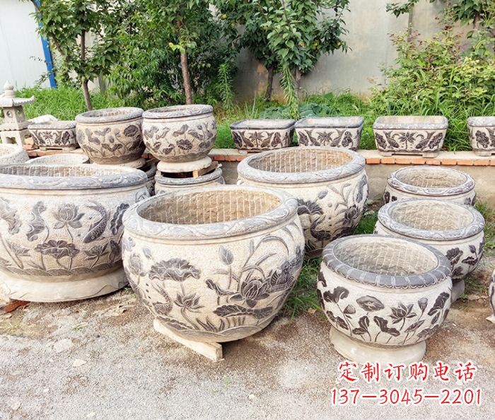 合肥仿古石雕鲤鱼浮雕水缸