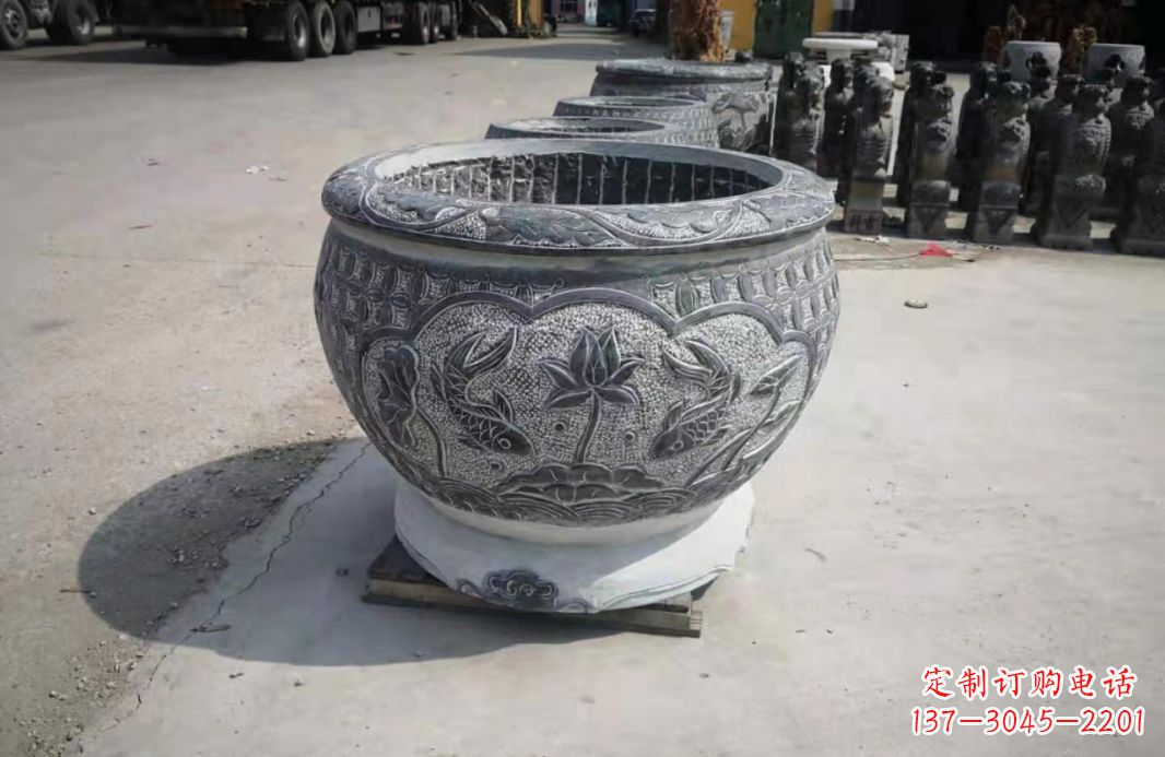 合肥仿古石水缸荷花鲤鱼石雕