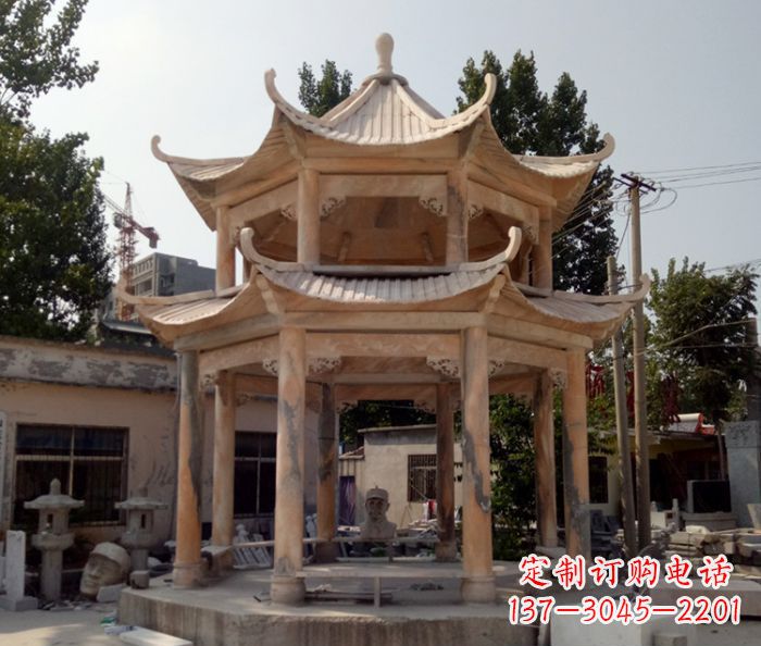 合肥公园景观晚霞红双层石雕凉亭