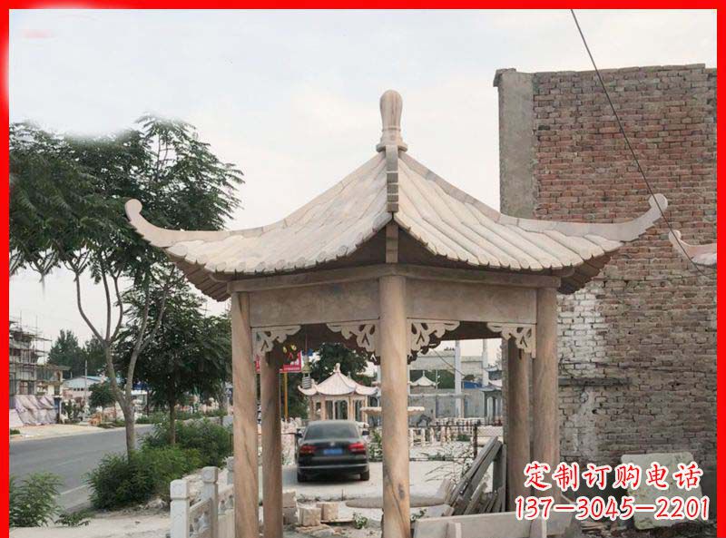 合肥公园晚霞红六角石凉亭雕塑