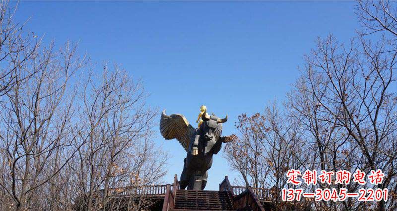 合肥精美铜雕雕塑——可爱小男孩站在飞牛上