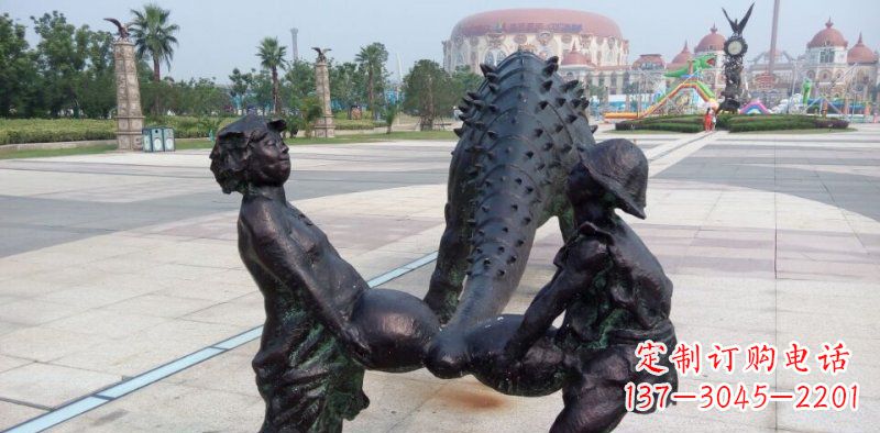 合肥广场抽象恐龙和小孩景观铜雕