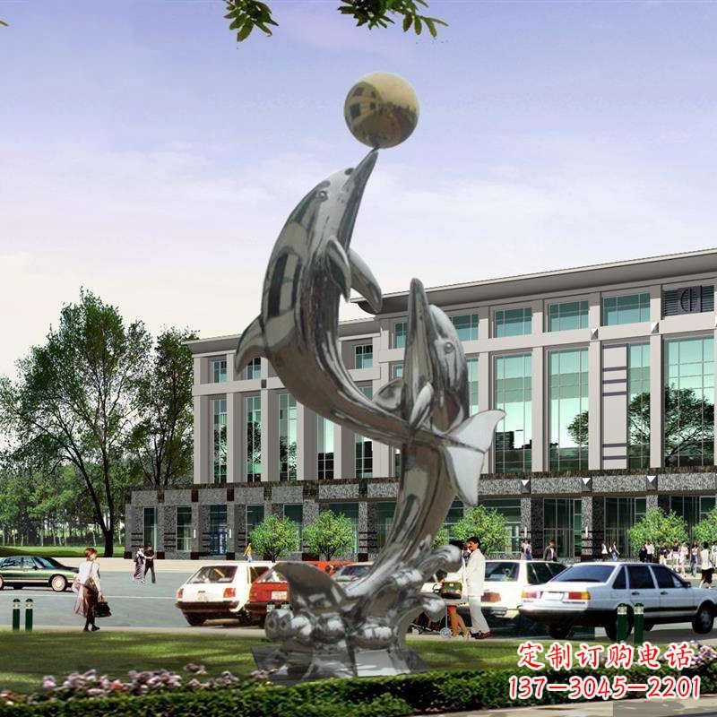 合肥不锈钢海豚戏球雕塑,营造清新海岸风情