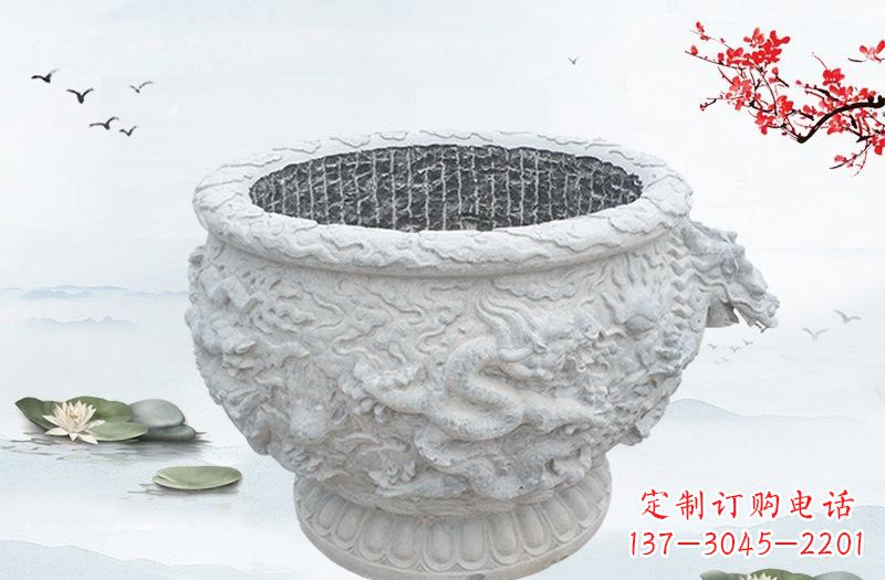 合肥汉白玉龙浮雕水缸，传承传统经典