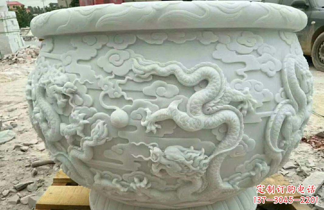 合肥汉白玉龙浮雕水缸雕塑