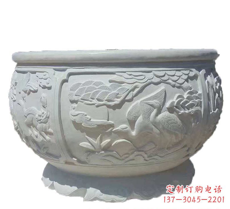 合肥汉白玉松鹤延年浮雕水缸,带给您无尽的岁月美景
