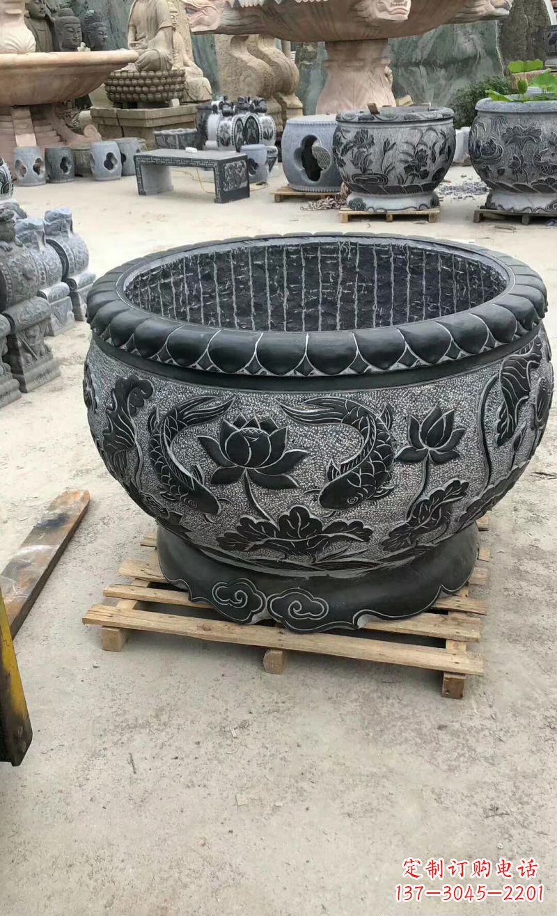 合肥荷花鲤鱼石浮雕水缸,精美独特的艺术之作