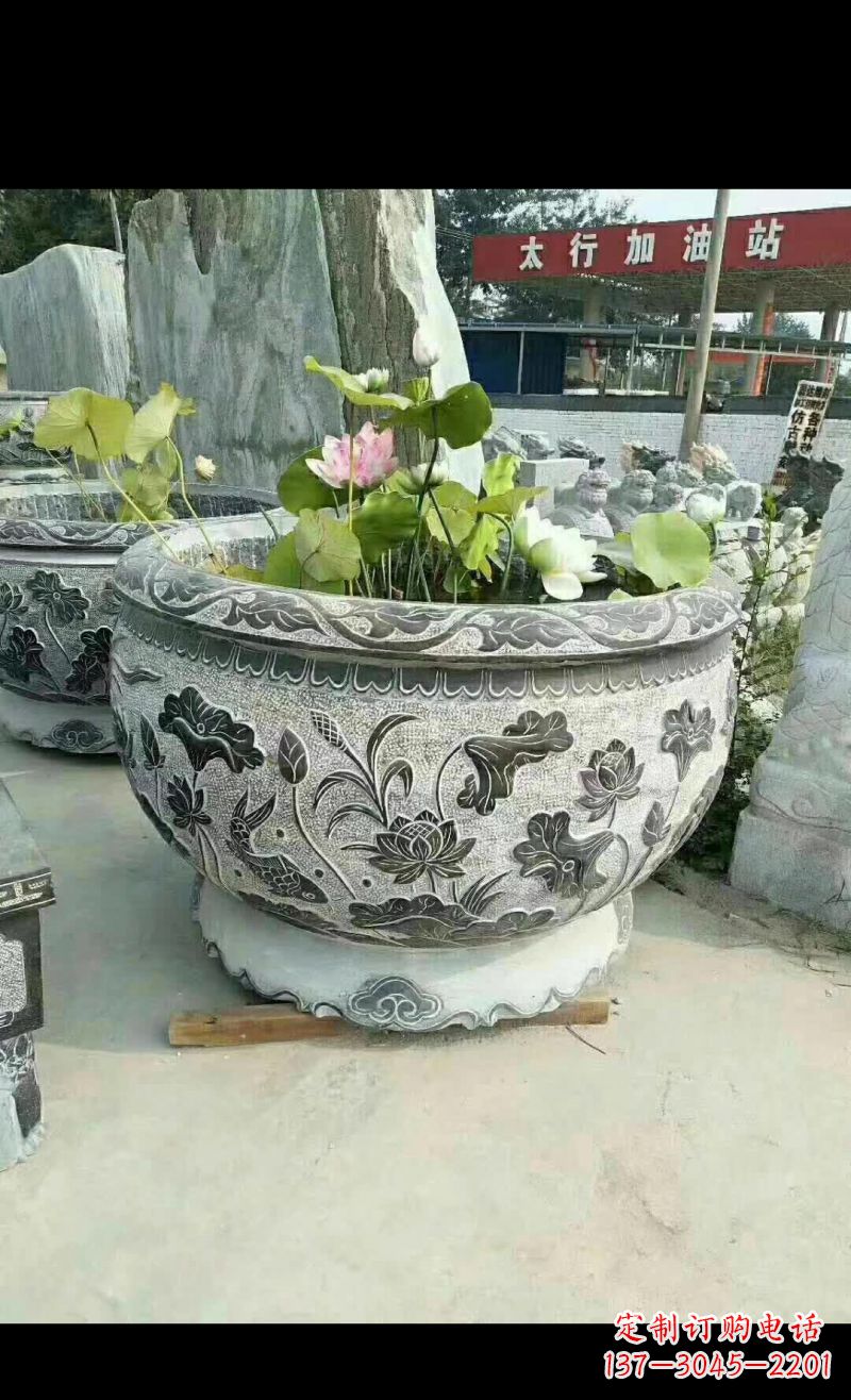 合肥精美荷花鲤鱼石浮雕水缸