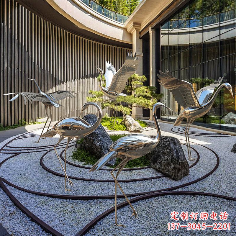 合肥镜面不锈钢仙鹤雕塑,别墅庭院室内动物装饰摆件