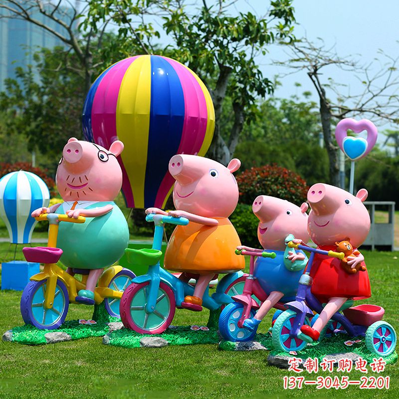 合肥卡通雕塑小猪佩奇骑自行车-幼儿园雕塑摆件