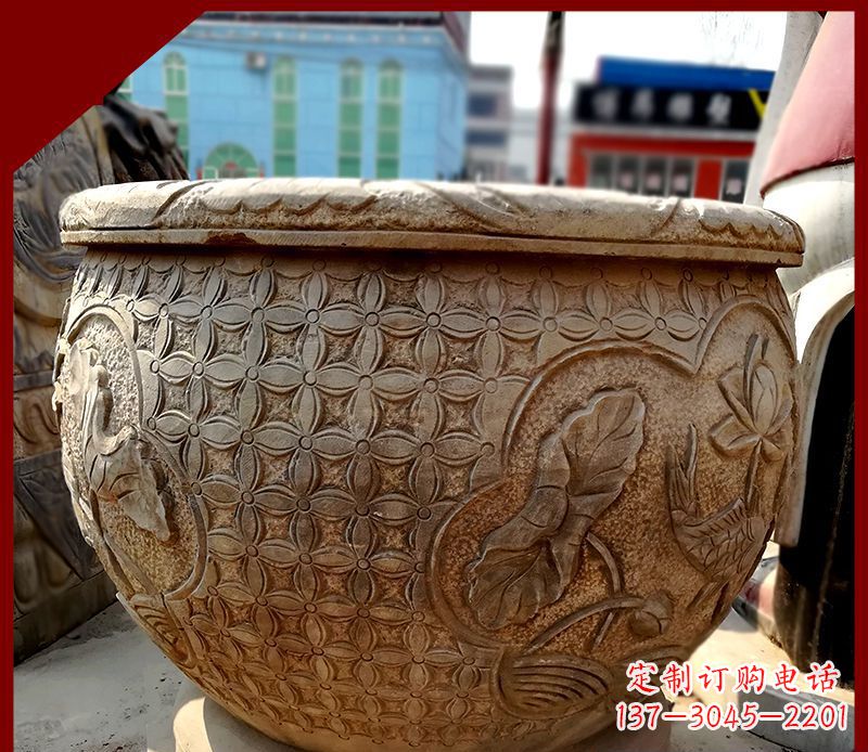 合肥鲤鱼荷花浮雕仿古石水缸
