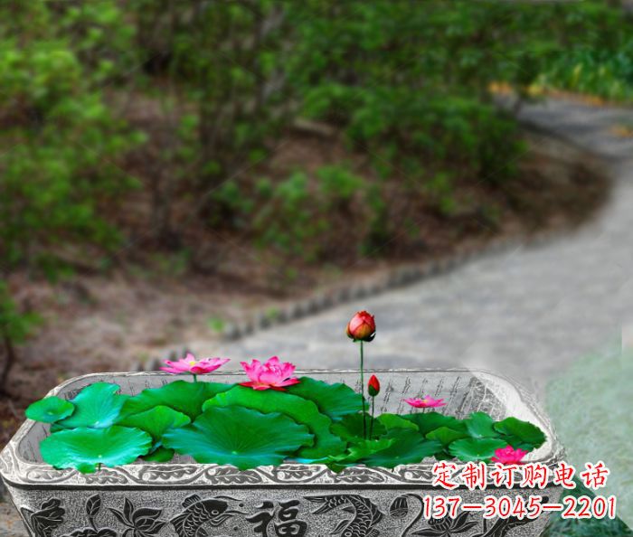 合肥鲤鱼荷花福字石浮雕长方形水缸