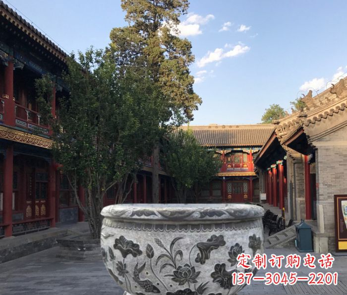 合肥连年有鱼石浮雕圆形荷花水缸