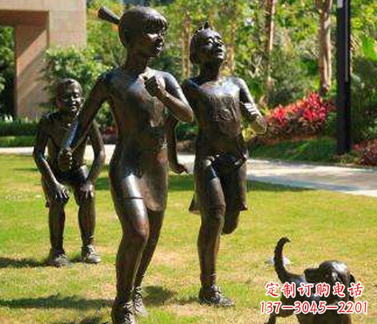 合肥宁夏中领雕塑推出的儿童铜雕跑步遛狗,一款…