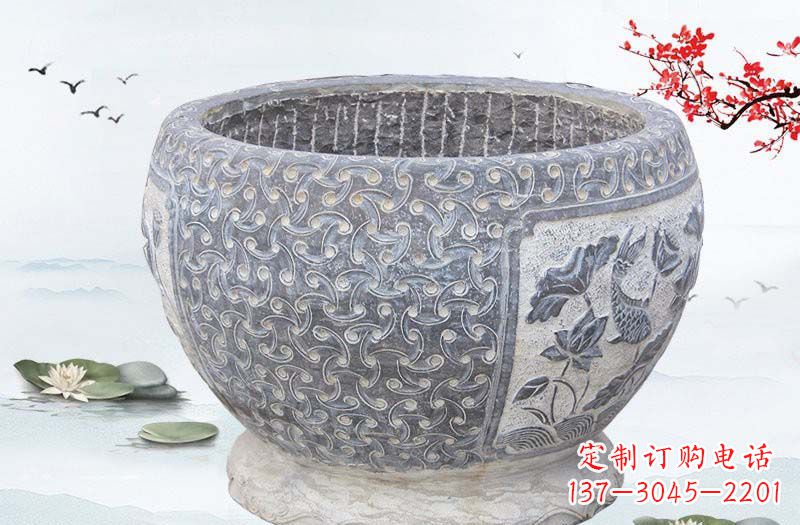 合肥青石仿古鲤鱼浮雕水缸,精致雕塑设计
