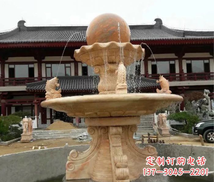 合肥双层风水球喷泉晚霞红石雕