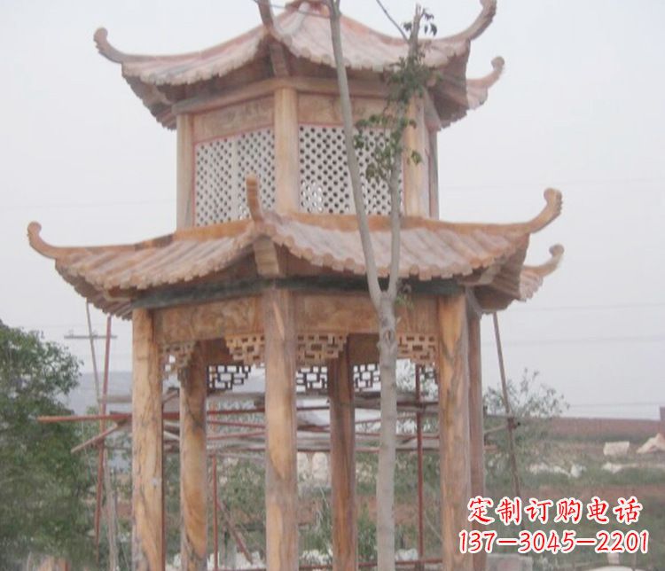 合肥双层晚霞红石凉亭石雕 (2)