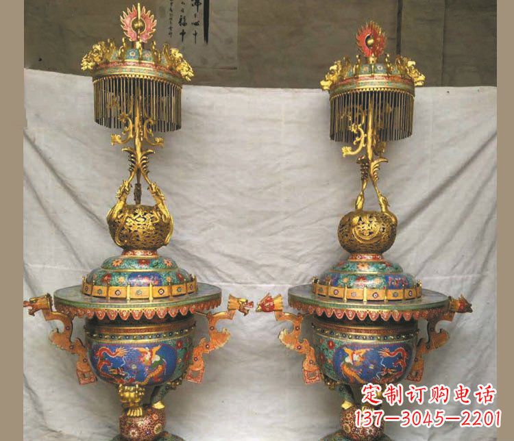 合肥铜雕彩绘香炉景观摆件