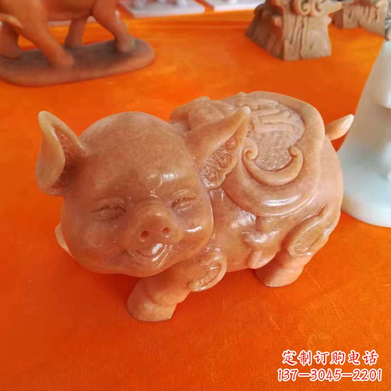 合肥晚霞红大理石招财猪雕塑-企业商场创意生肖动物风水摆件