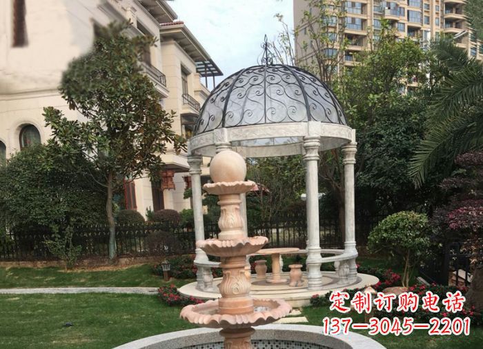 合肥晚霞红三层风水球喷泉小区石雕