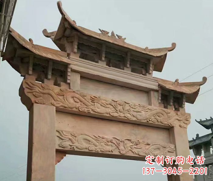 合肥晚霞红石雕单门牌坊