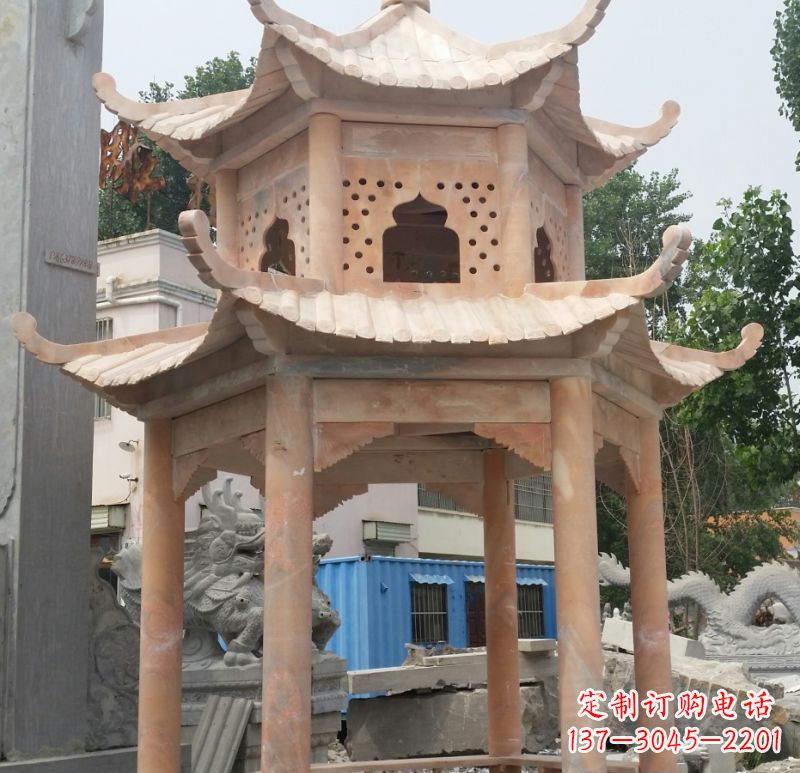 合肥晚霞红双层六角凉亭石雕 (2)
