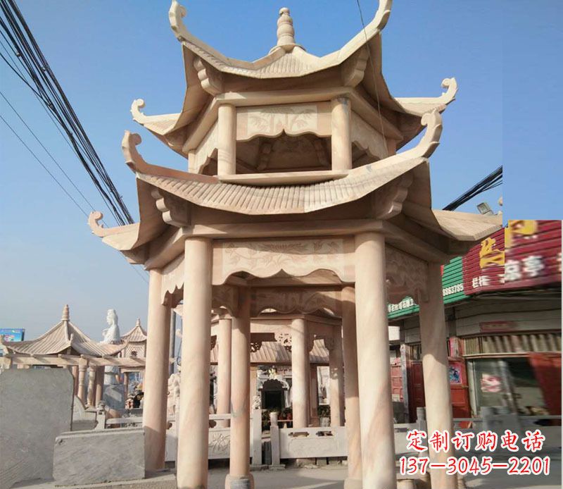 合肥晚霞红双层六角凉亭石雕 (3)