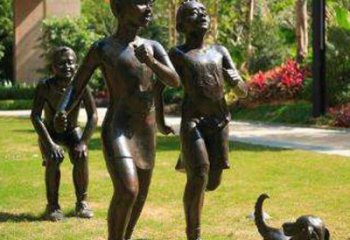 合肥宁夏中领雕塑推出的儿童铜雕跑步遛狗，一款…