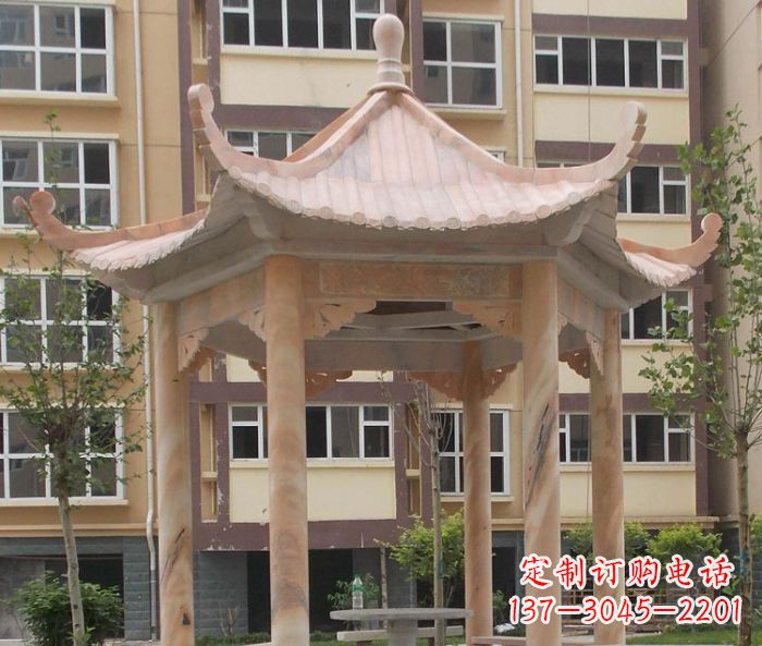 合肥小区晚霞红六角凉亭石雕