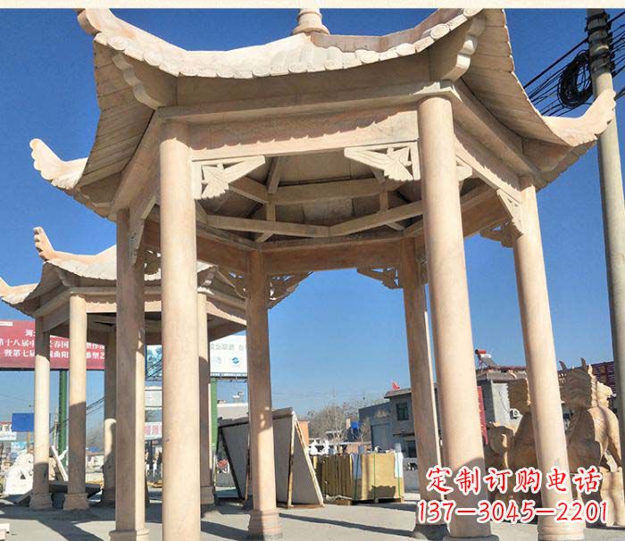 合肥园林景观晚霞红六角石雕凉亭 (2)
