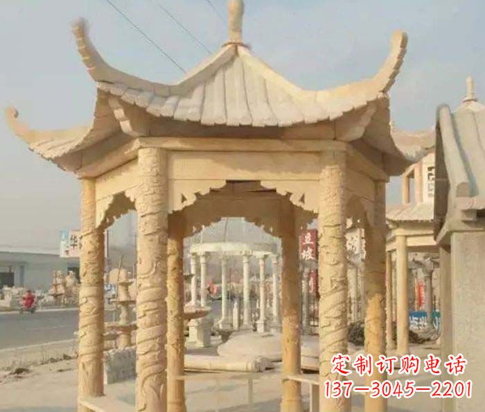 合肥园林景观晚霞红六角石雕凉亭 (3)