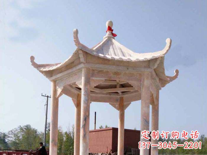 合肥园林景观晚霞红六角石雕凉亭