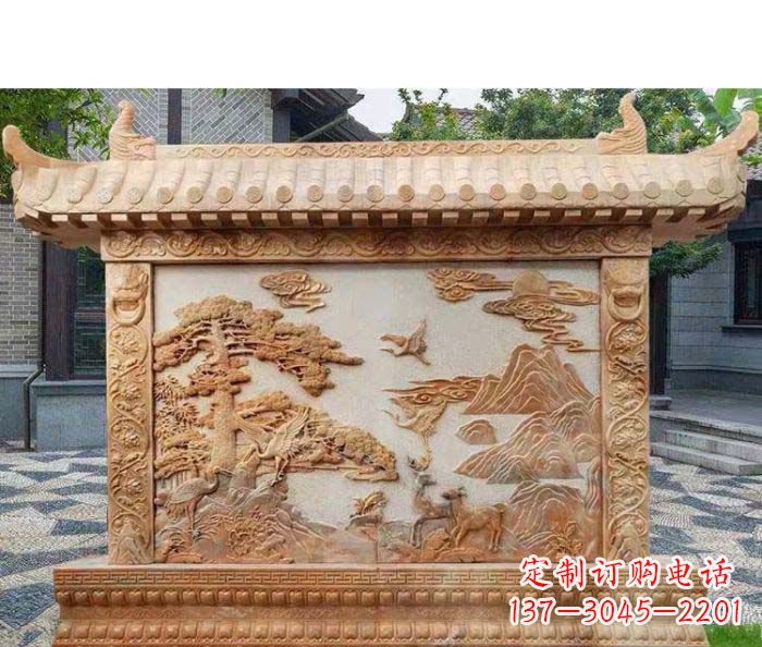 合肥园林景观晚霞红松鹤石浮雕影壁