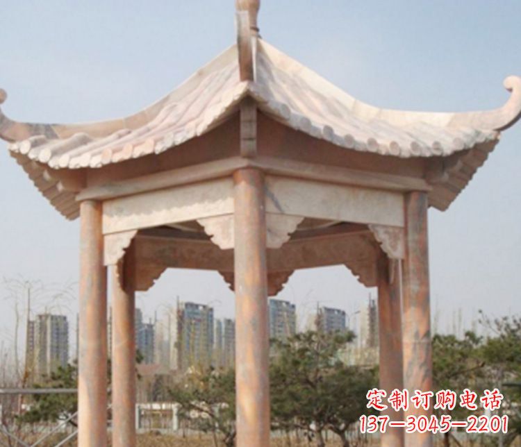 合肥园林晚霞红六角石凉亭景观石雕