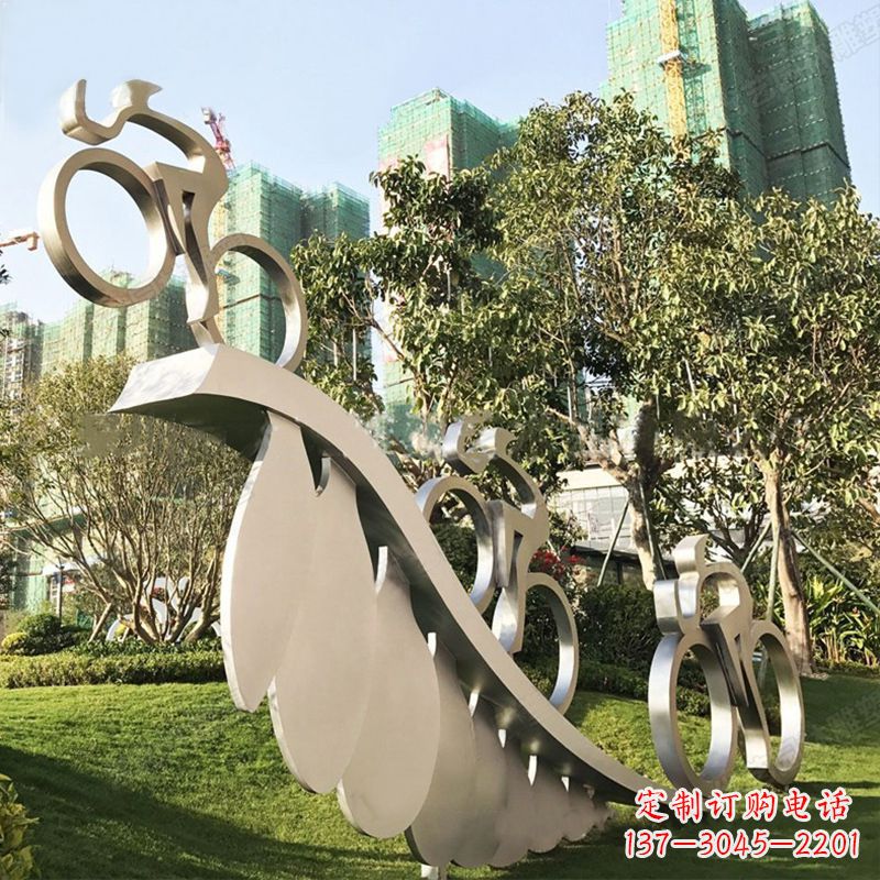 合肥自行车雕塑-抽象不锈钢骑自行车人物景观雕塑